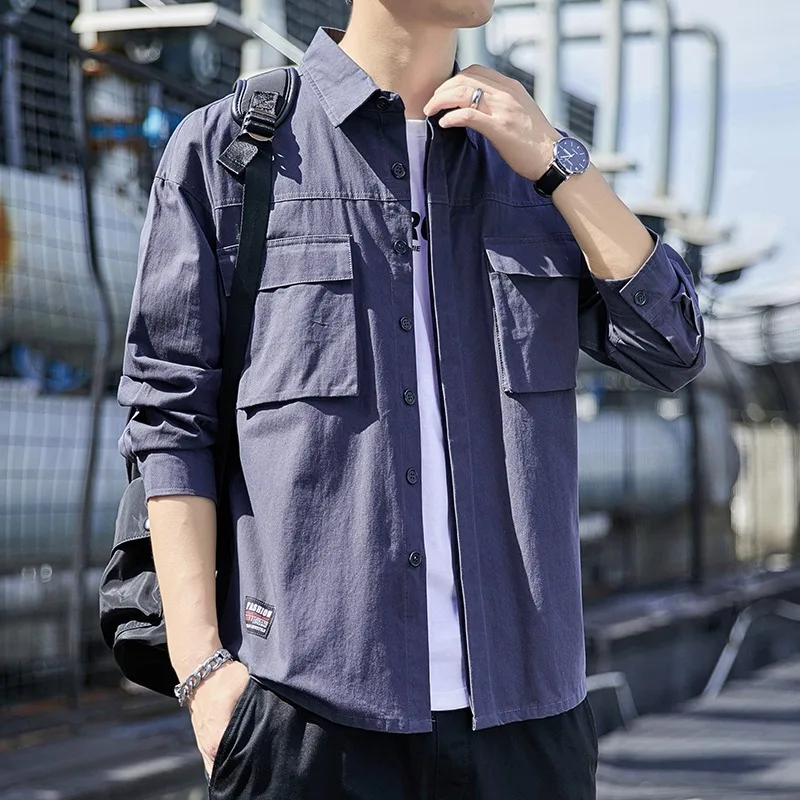 New Double Pocket Men's Long Sleeved Shirt, Loose Workwear, Casual and Versatile, Handsome and Trendy Square Neck Jacket for Men - Image 3