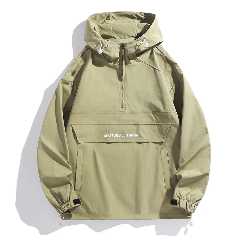 New Men Spring Autumn Waterproof Casual Versatile Top Japanese Korean Streetwear Fashion Loose Pullover Half Zip Hooded Jacket - Image 2