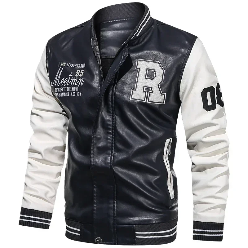 Men's American Baseball Collar Pilot Casual PU Spring and Autumn Leather Jacket Motorcycle Suit Leather Jacket Color Blocking - Image 6