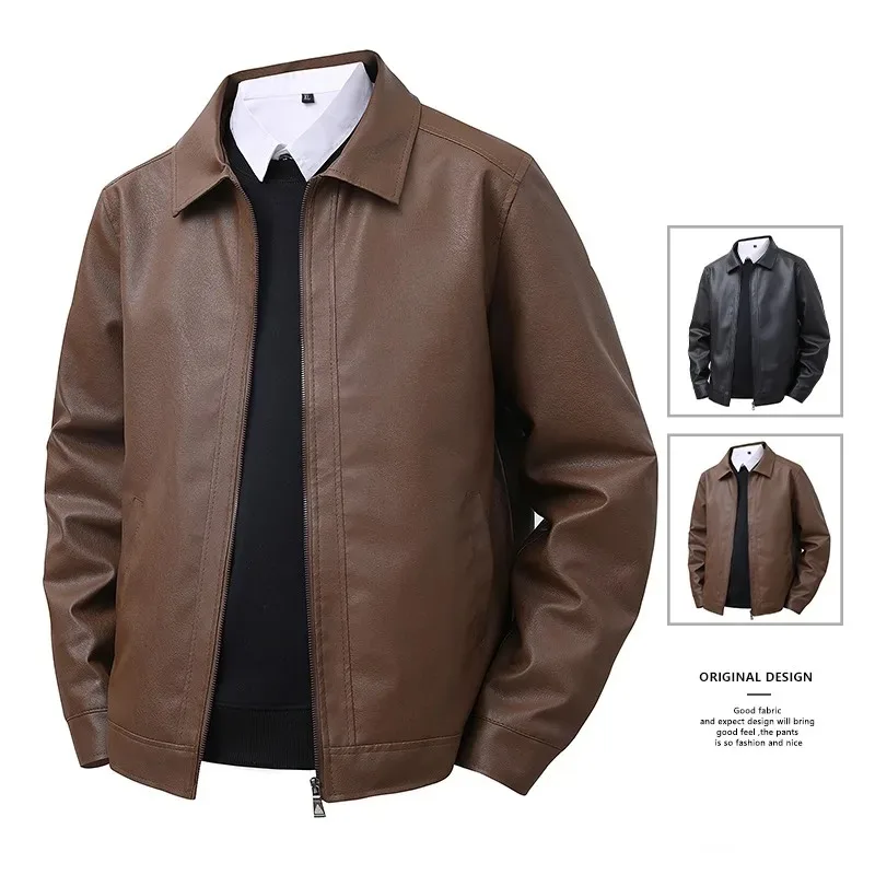 Men's New Leather Jacket Mens Top Windproof Casual Jacket Spring and Autumn Slim Fit Lapel Casual Jacket Bomber Coat - Image 2