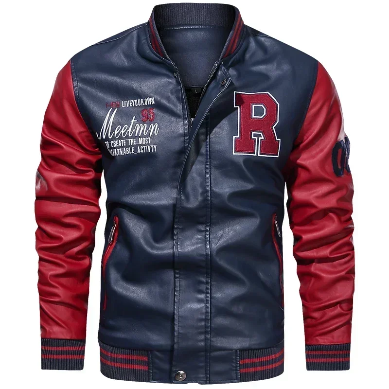 Men's American Baseball Collar Pilot Casual PU Spring and Autumn Leather Jacket Motorcycle Suit Leather Jacket Color Blocking - Image 5