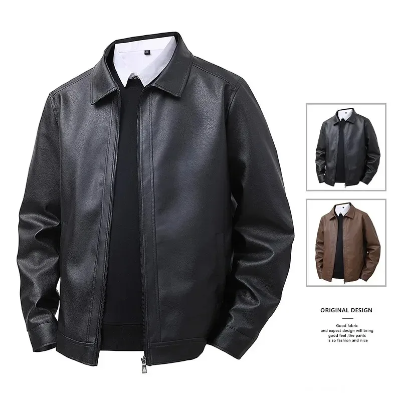 Men's New Leather Jacket Mens Top Windproof Casual Jacket Spring and Autumn Slim Fit Lapel Casual Jacket Bomber Coat