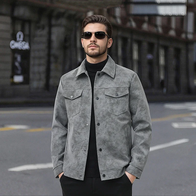 Men's Jackets Suede Lapel Single Breasted Long Sleve Outerwear & Coats Spring Autumn Fashion Streetwear Menswear Cardigan Jacket - Image 2