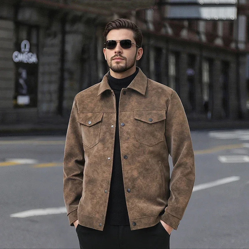 Men's Jackets Suede Lapel Single Breasted Long Sleve Outerwear & Coats Spring Autumn Fashion Streetwear Menswear Cardigan Jacket - Image 3